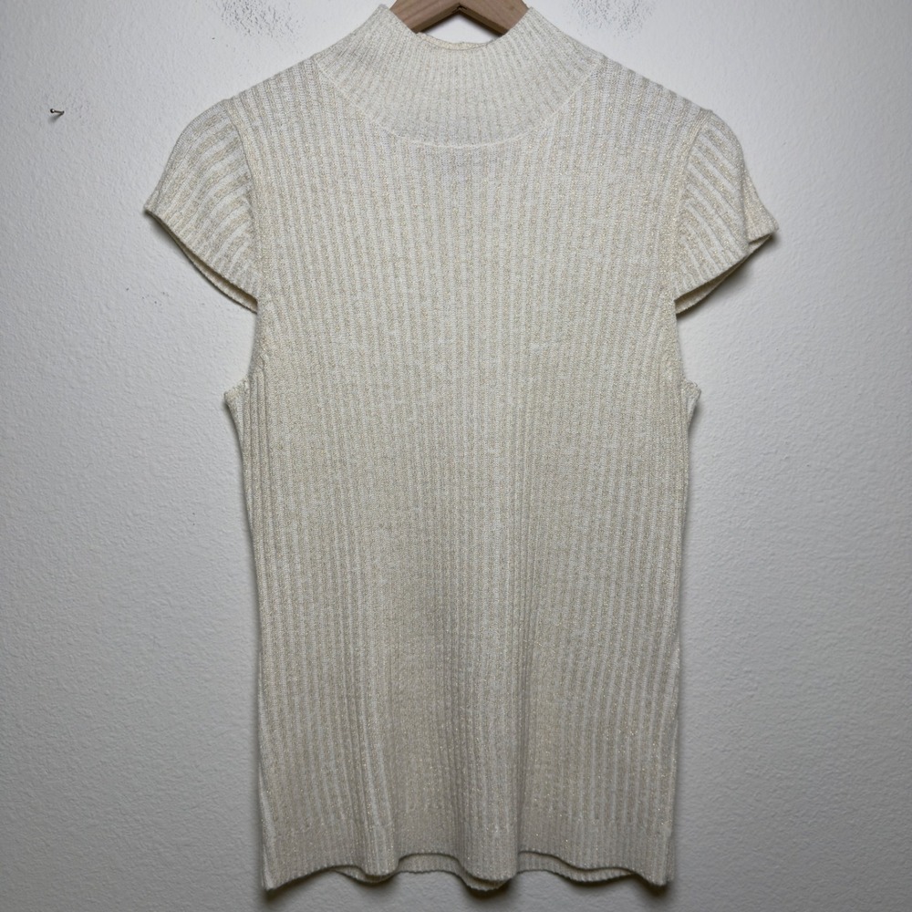 Wear It Women Preppy Rib Knit Sweater Top Large Cream Gold Metallic Mock Neck‎